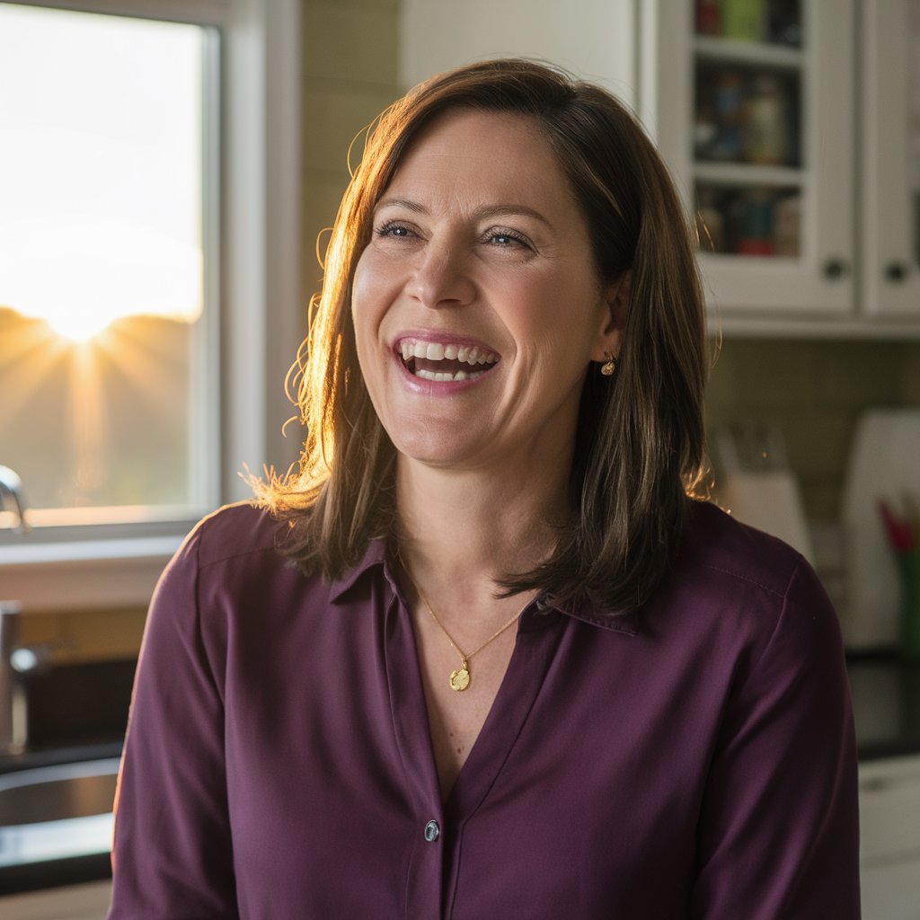 A woman laughing in a kitchen setting | Source: Midjourney