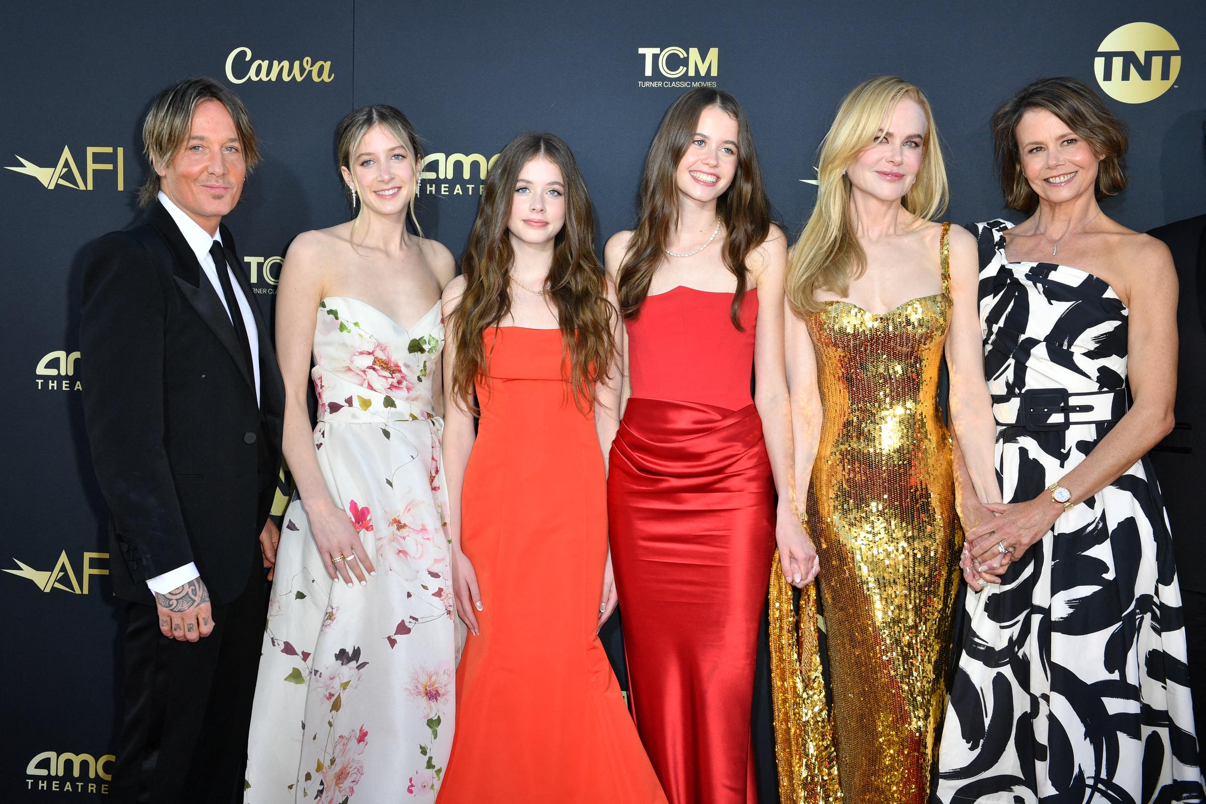 Keith Urban (L), Faith Urban (3rd L), Sunday Urban (3rd R), Nicole Kidman (2nd R), and Antonia Kidman (R) attend the 49th AFI Life Achievement Award honoring Nicole Kidman in Hollywood, California, on April 27, 2024. | Source: Getty Images