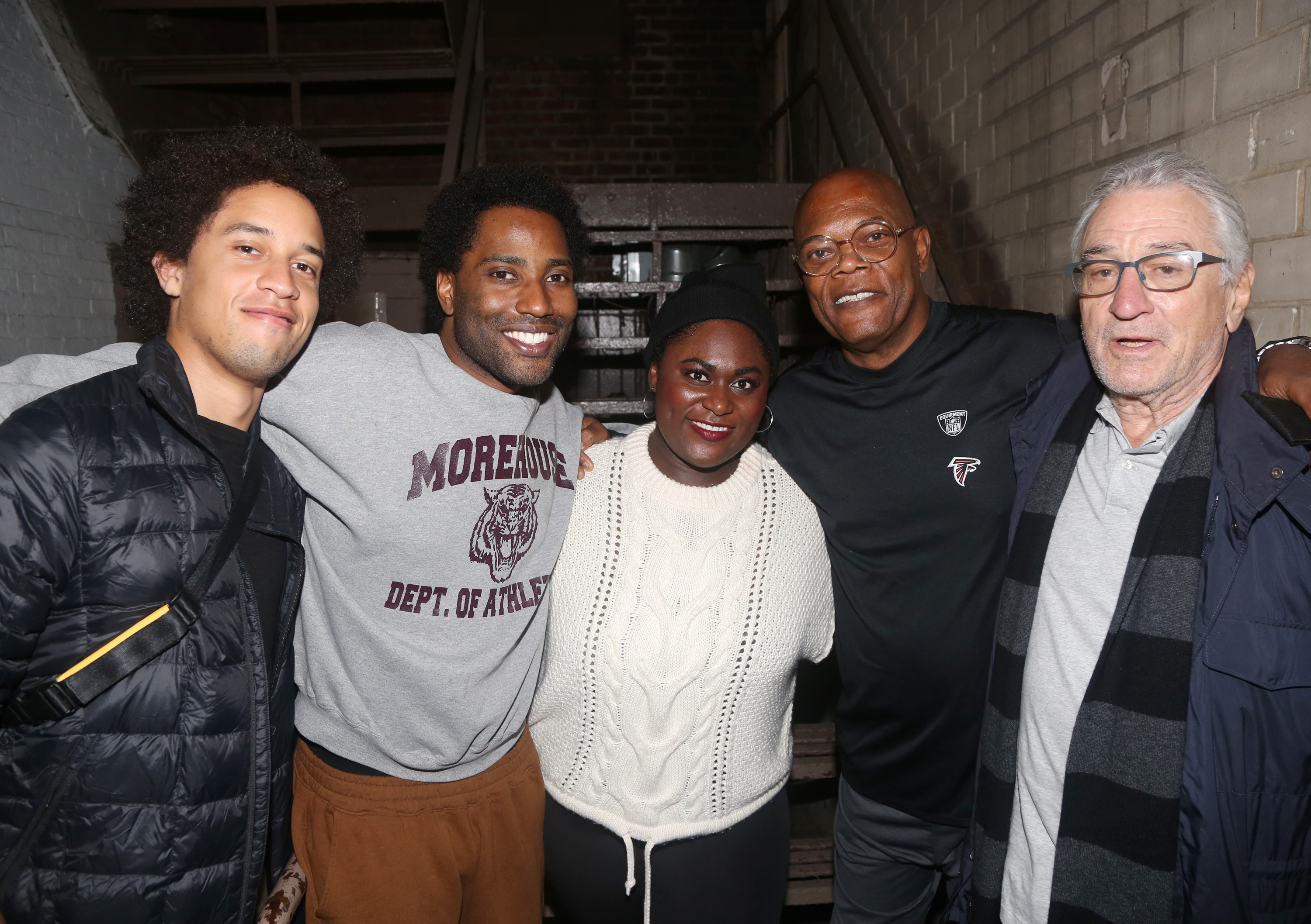 Julian Henry De Niro, John David Washington, Danielle Brooks, Samuel L. Jackson, and Robert De Niro pose backstage at "The Piano Lesson" on Broadway on November 2, 2022, in New York City | Source: Getty Images