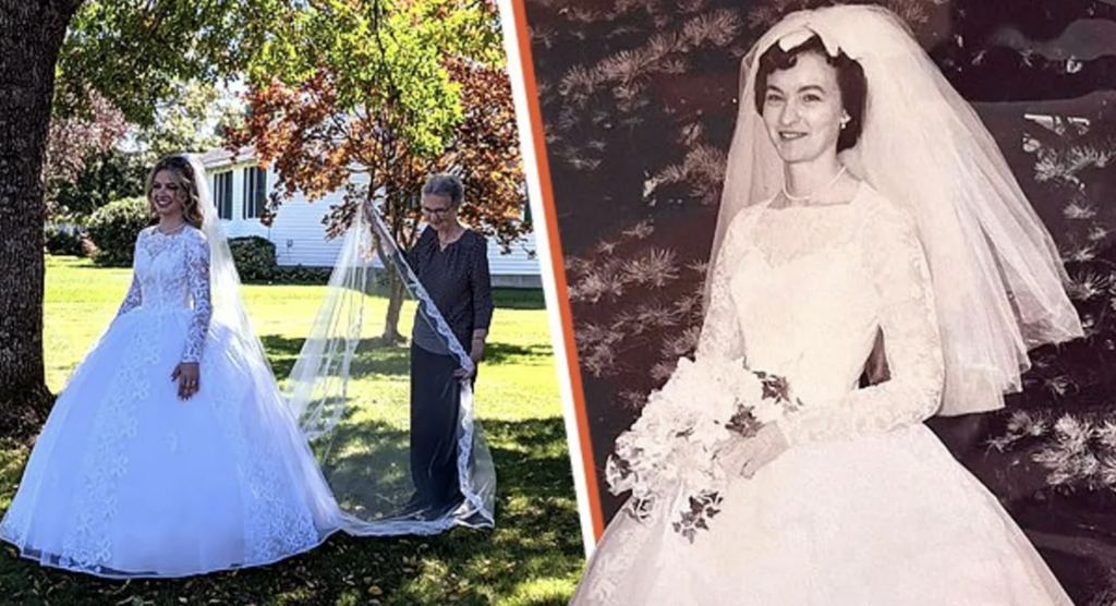 bride-walks-down-the-aisle-wearing-her-grandmother’s-wedding-dress-from-1961