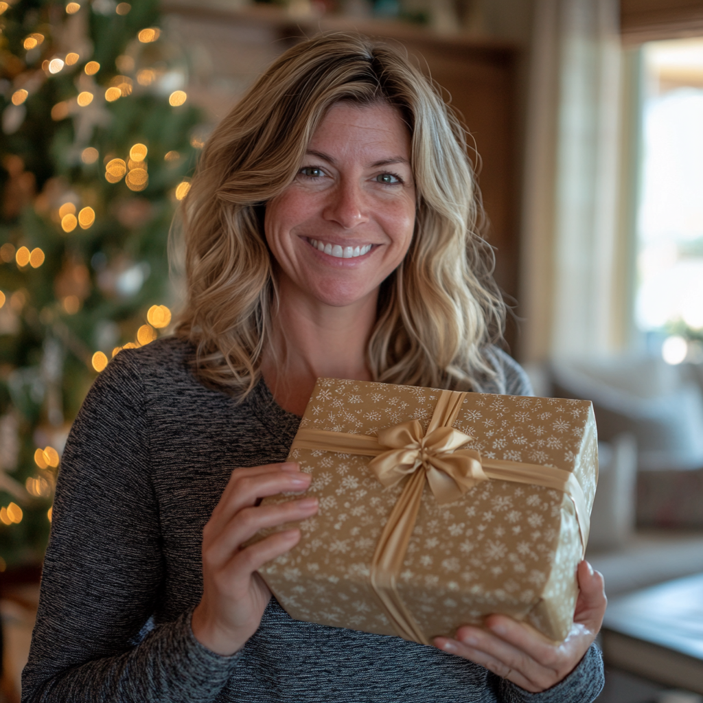 A woman holding a gift box | Source: Midjourney