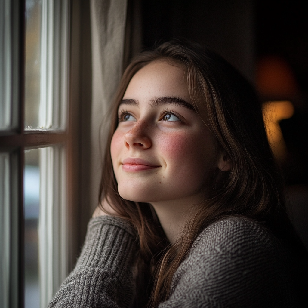 A teenage girl looks thoughtful while staring out the window | Source: Midjourney