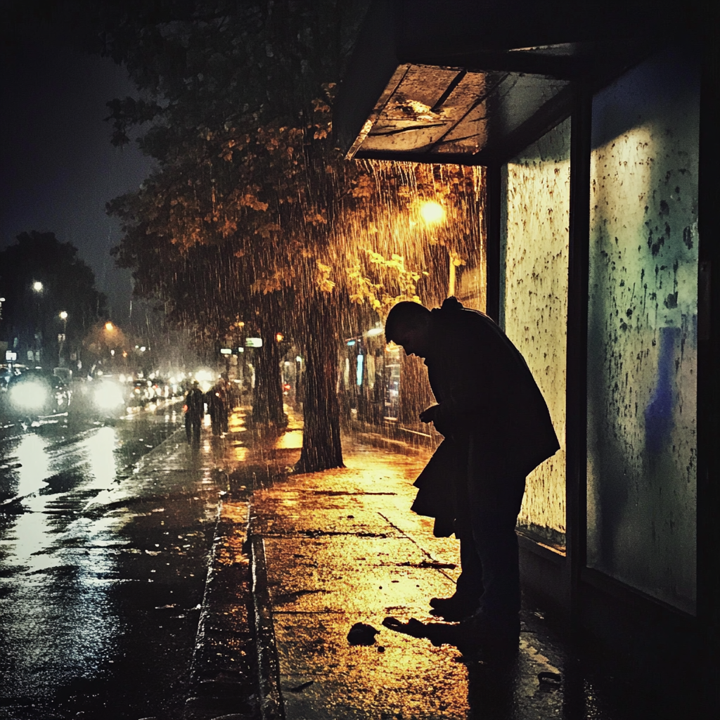 A man hunched over in the rain | Source: Midjourney