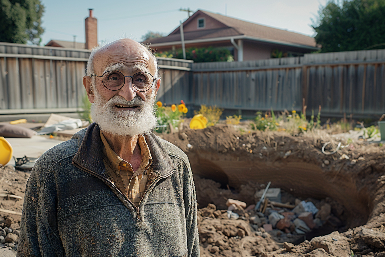 A man standing near a hole dug up in the backyard | Source: Midjourney