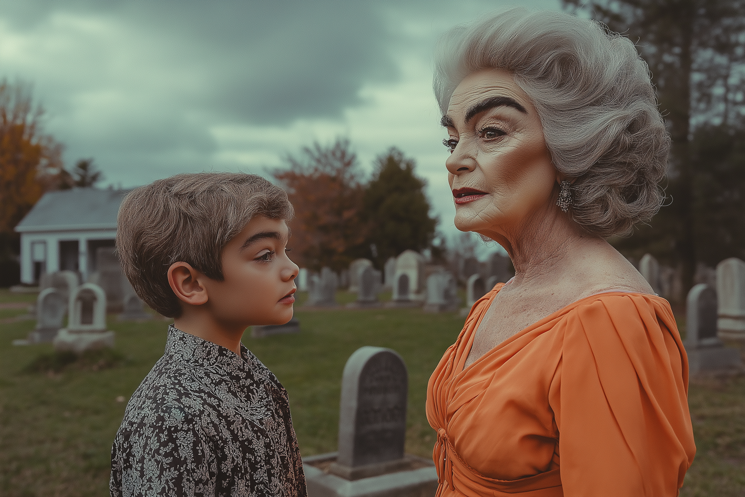 A woman talking to her grandson in a graveyard | Source: Midjourney