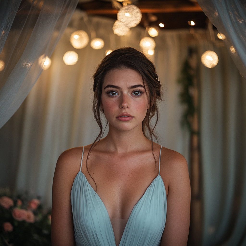 A maid-of-honor looks tensed at a wedding | Source: Midjourney