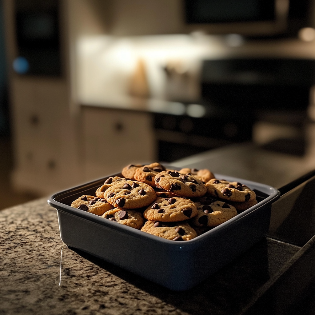 A container of chocolate chip cookies | Source: Midjourney