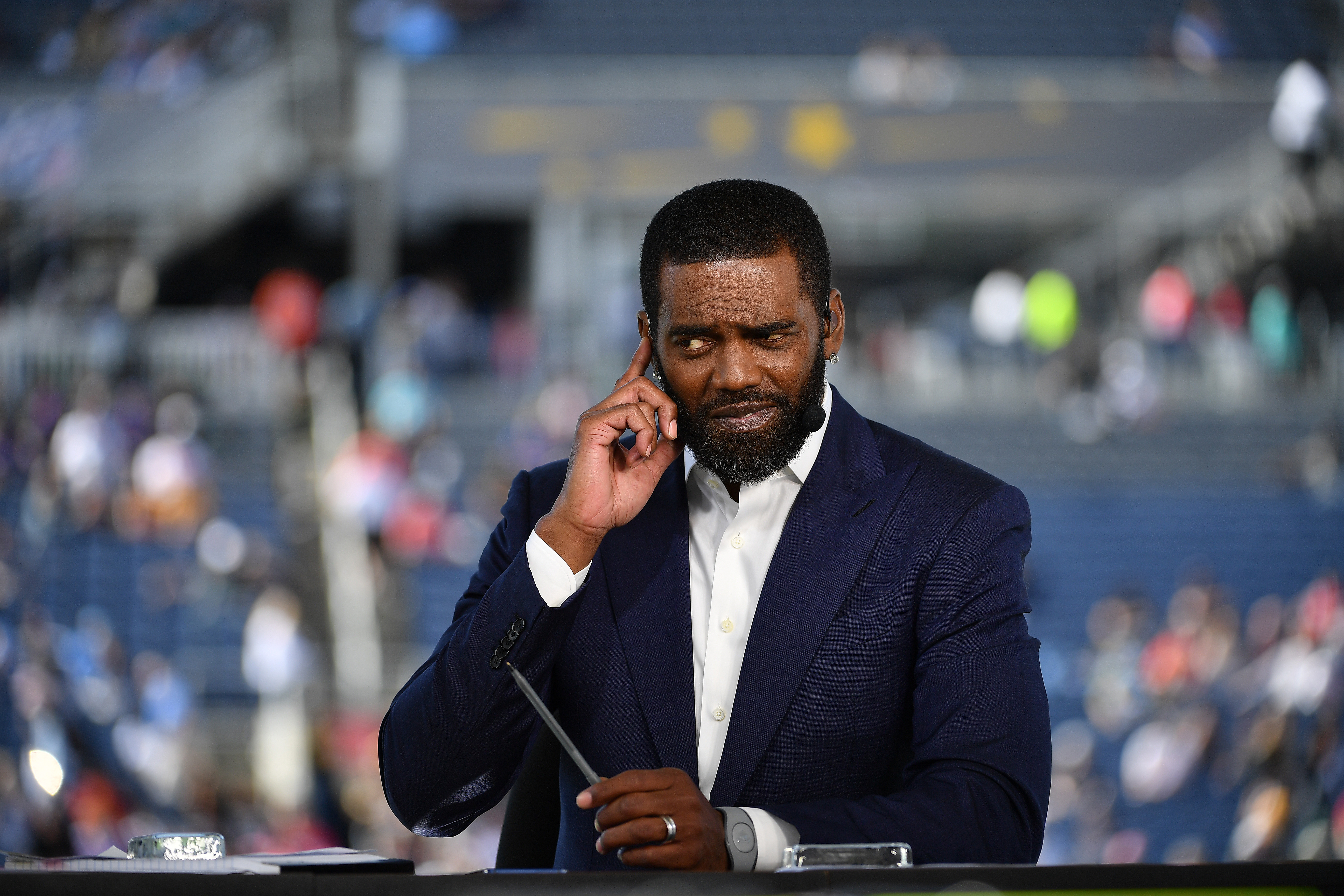 Randy Moss from ESPN looks on during the 2020 NFL Pro Bowl at Camping World Stadium in Orlando, Florida, on January 26, 2020 | Source: Getty Images