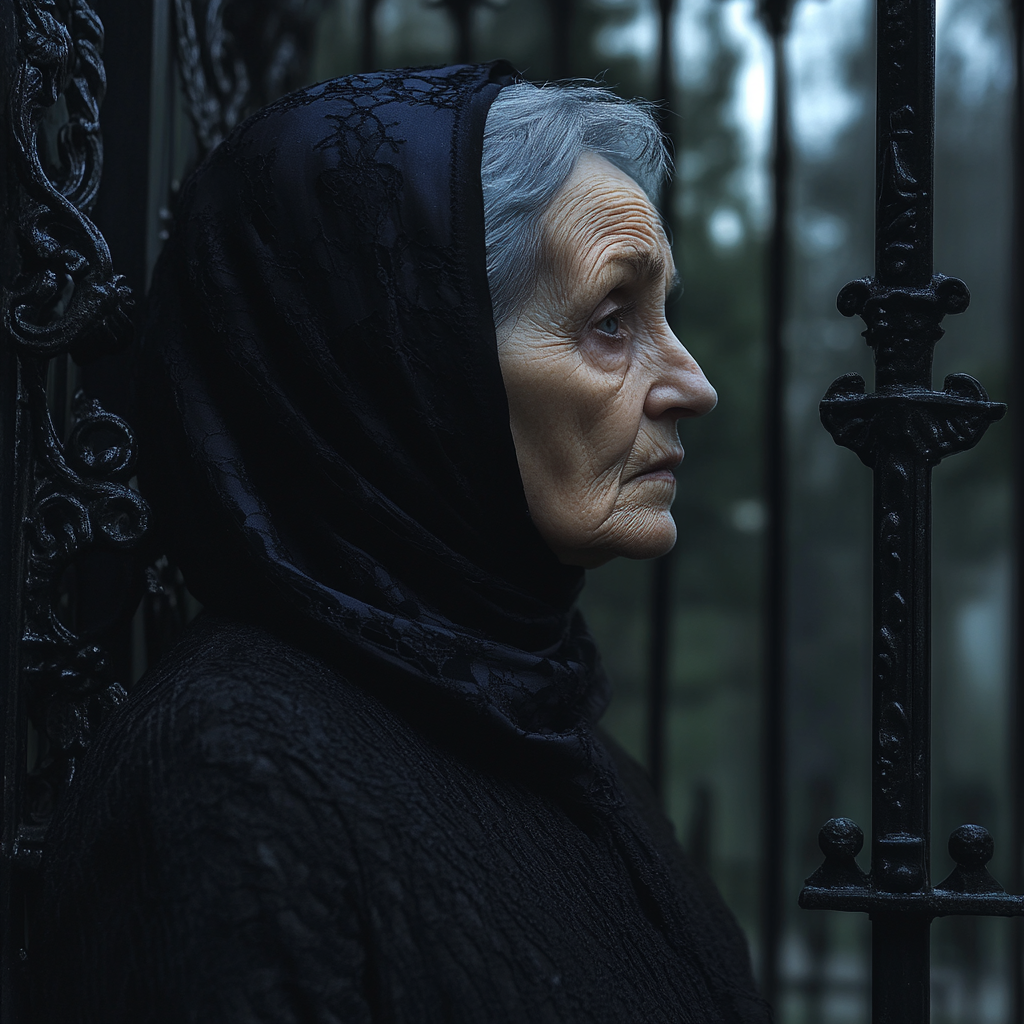 A sad woman at the cemetery gates | Source: Midjourney