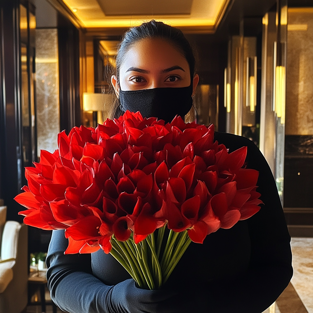 Hotel staff holding a bouquet of flowers | Source: Midjourney