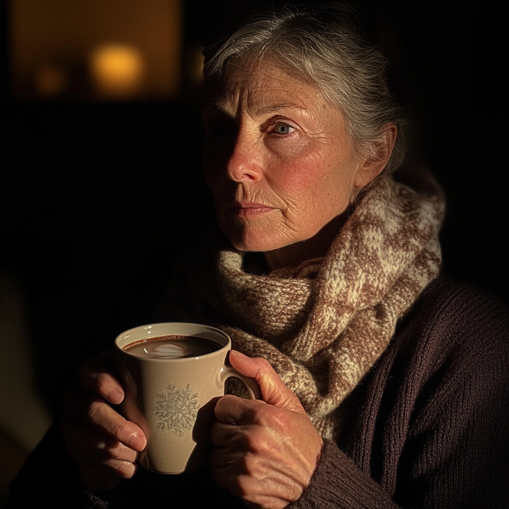 An older woman holding a cup of hot chocolate | Source: Midjourney