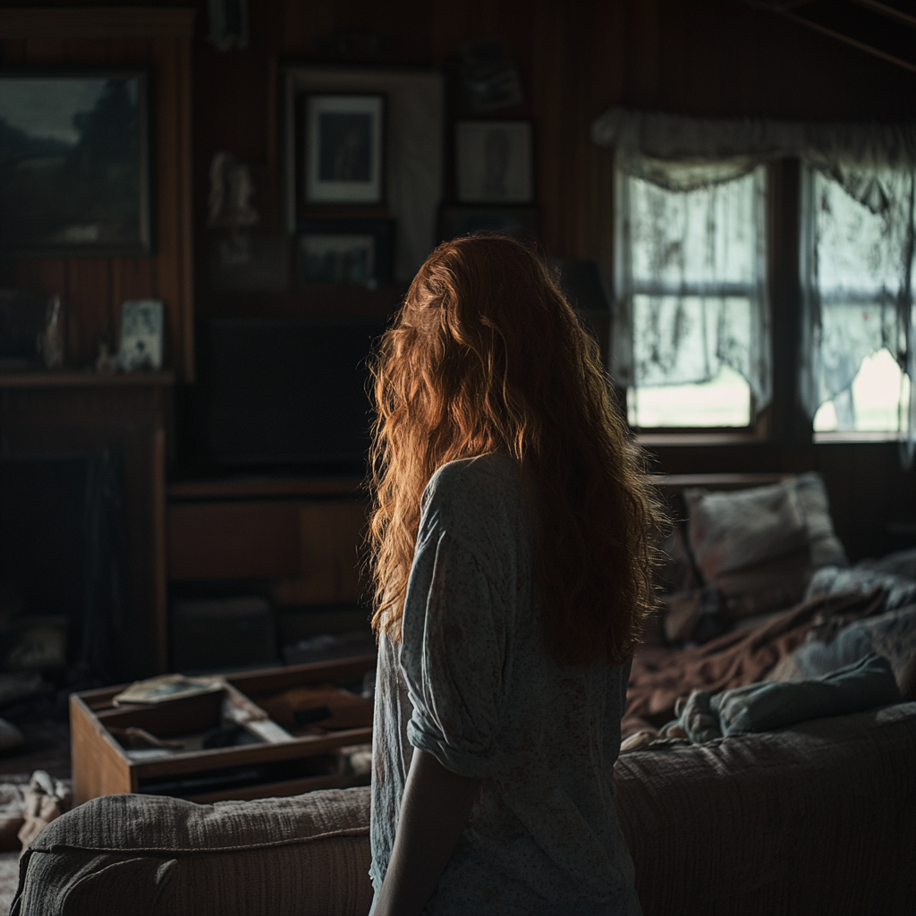 A woman standing in her wrecked house | Source: Midjourney