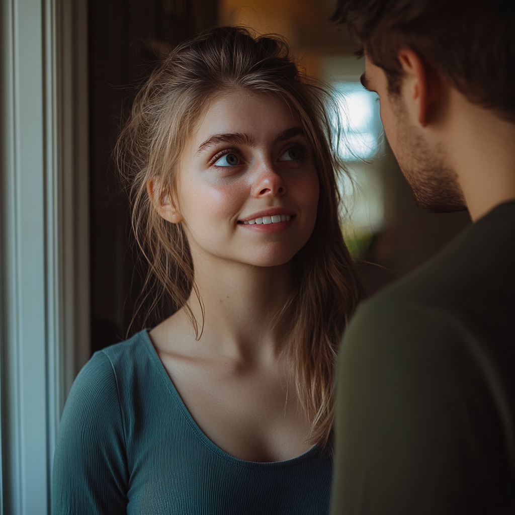 A woman forces her smile while looking at her husband | Source: Midjourney