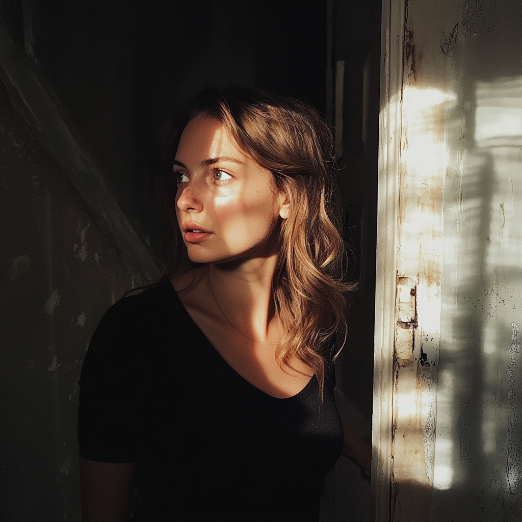 A woman standing next to a door | Source: Midjourney