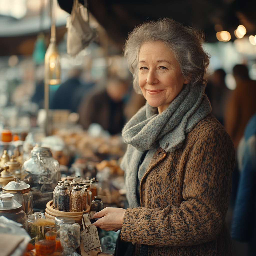 A happy woman at a flea market | Source: Midjourney