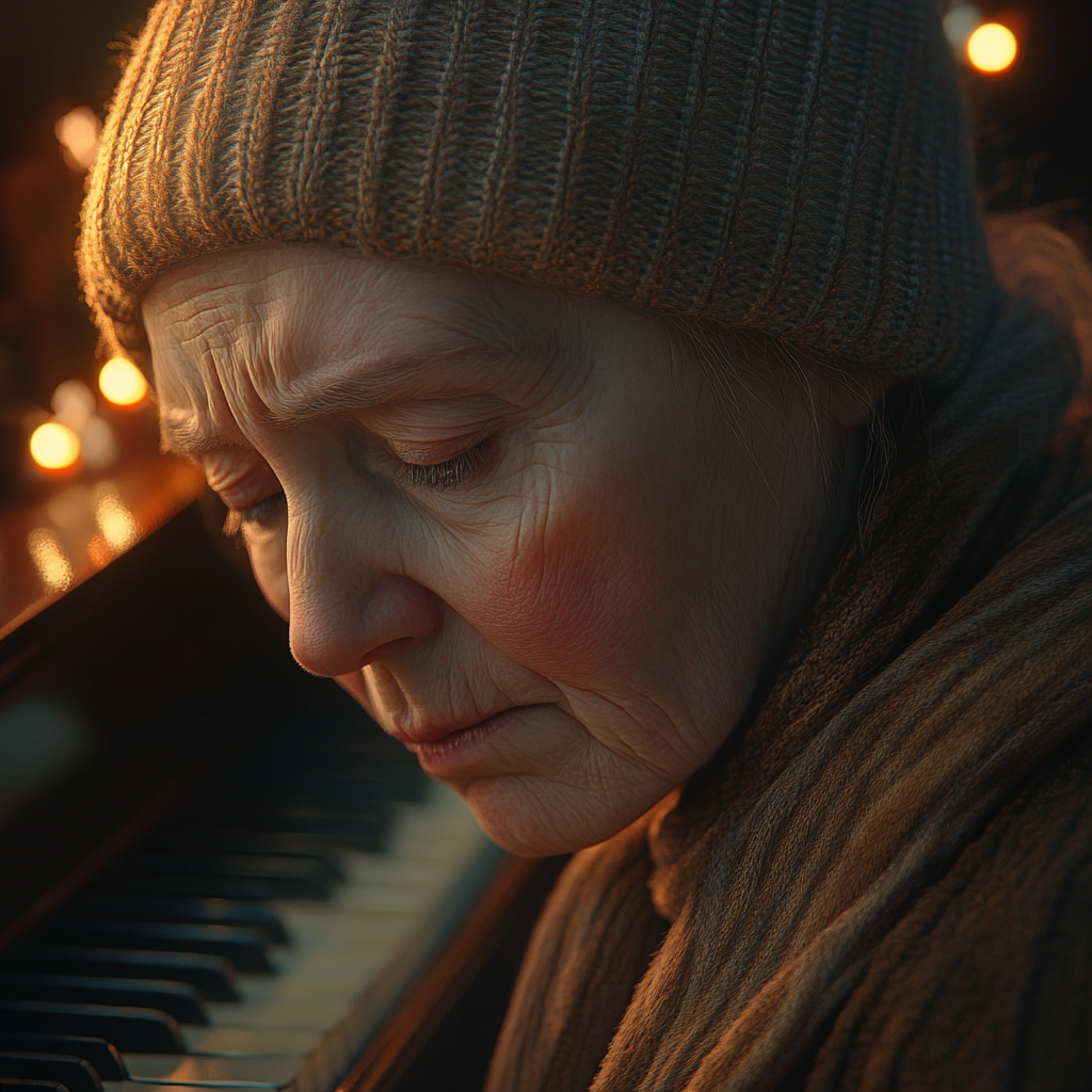 A distressed older woman near a piano | Source: Midjourney