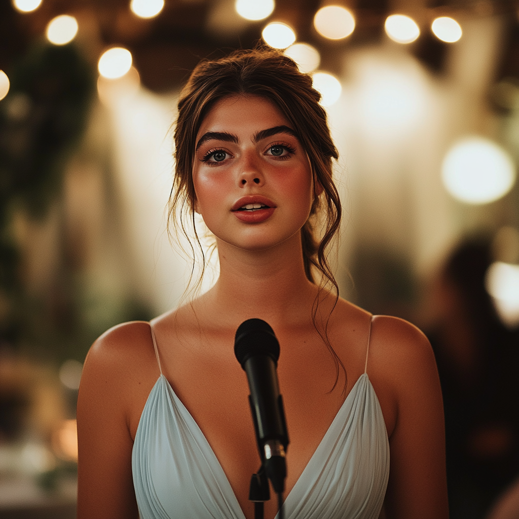 A maid of honor speaking in a mic at a wedding | Source: Midjourney