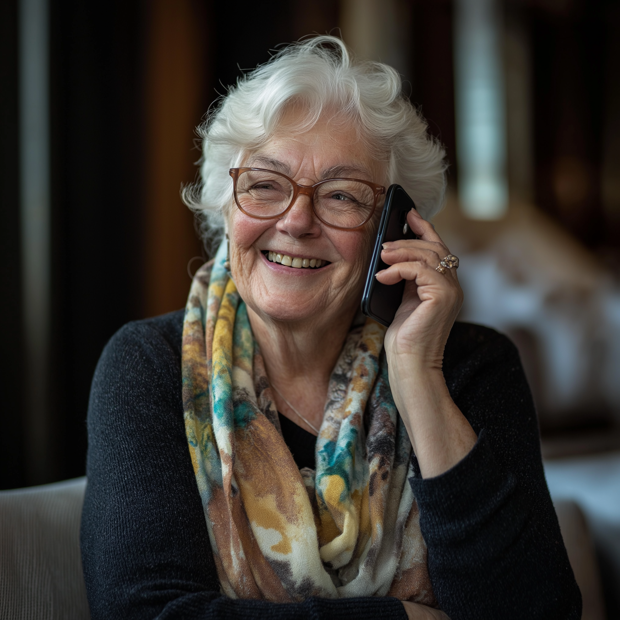 An elderly woman talking on her phone | Source: Midjourney