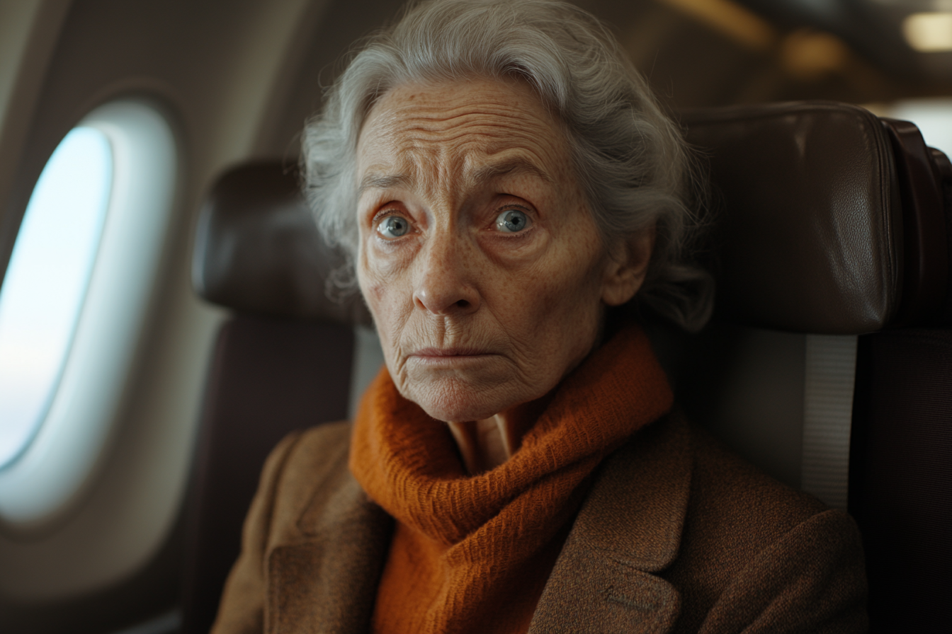 An older woman sitting in an airplane seat | Source: Midjourney