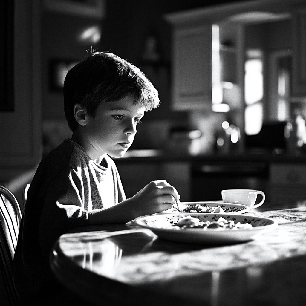 A boy eating leftovers | Source: Midjourney