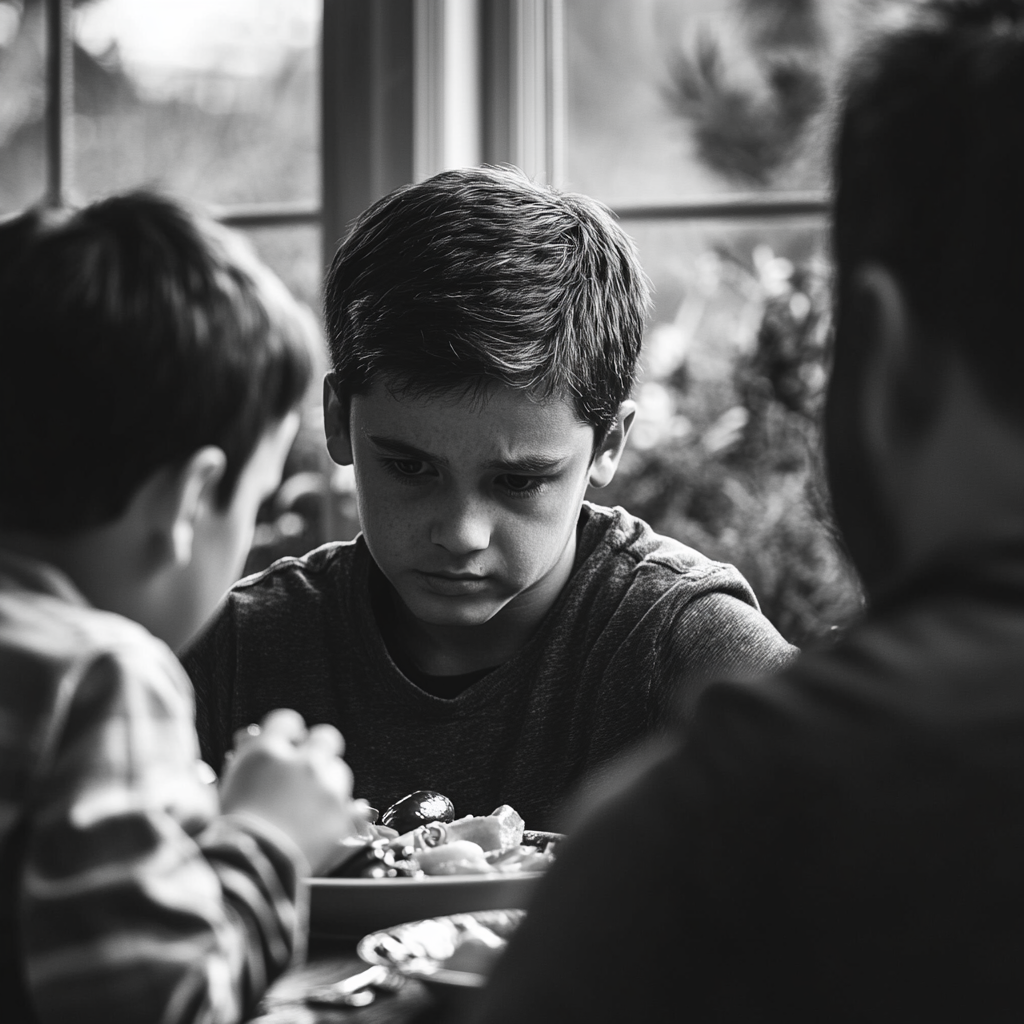 A boy watching his father and brother eat | Source: Midjourney