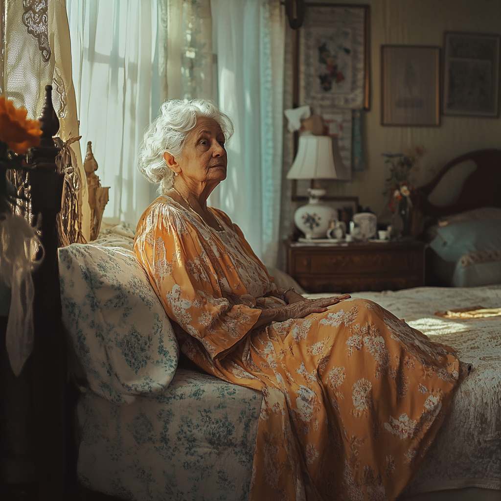 Wealthy senior woman relaxing in her bedroom | Source: Midjourney