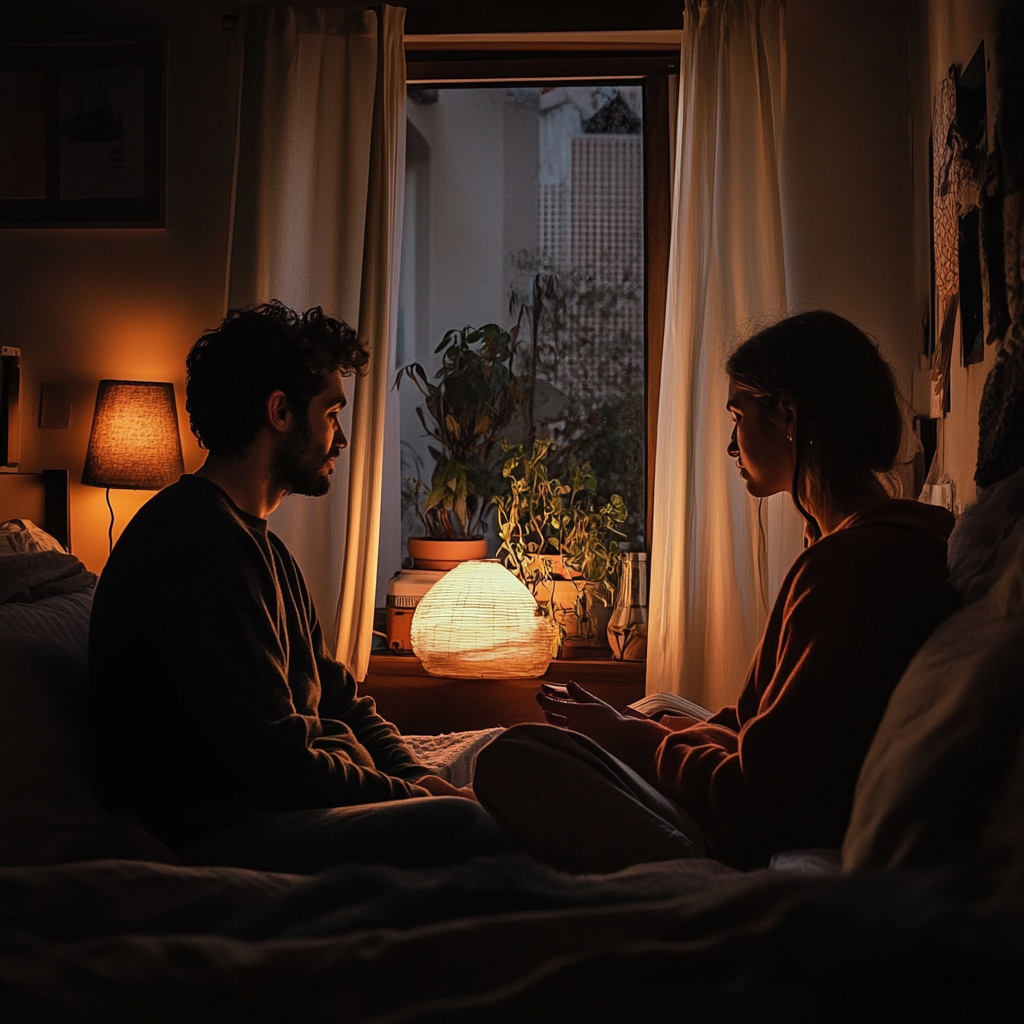 Couple having a conversation in their bedroom | Source: Midjourney