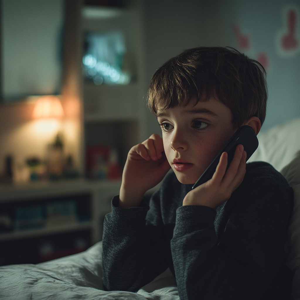 A boy talking on his phone in his room | Source: Midjourney