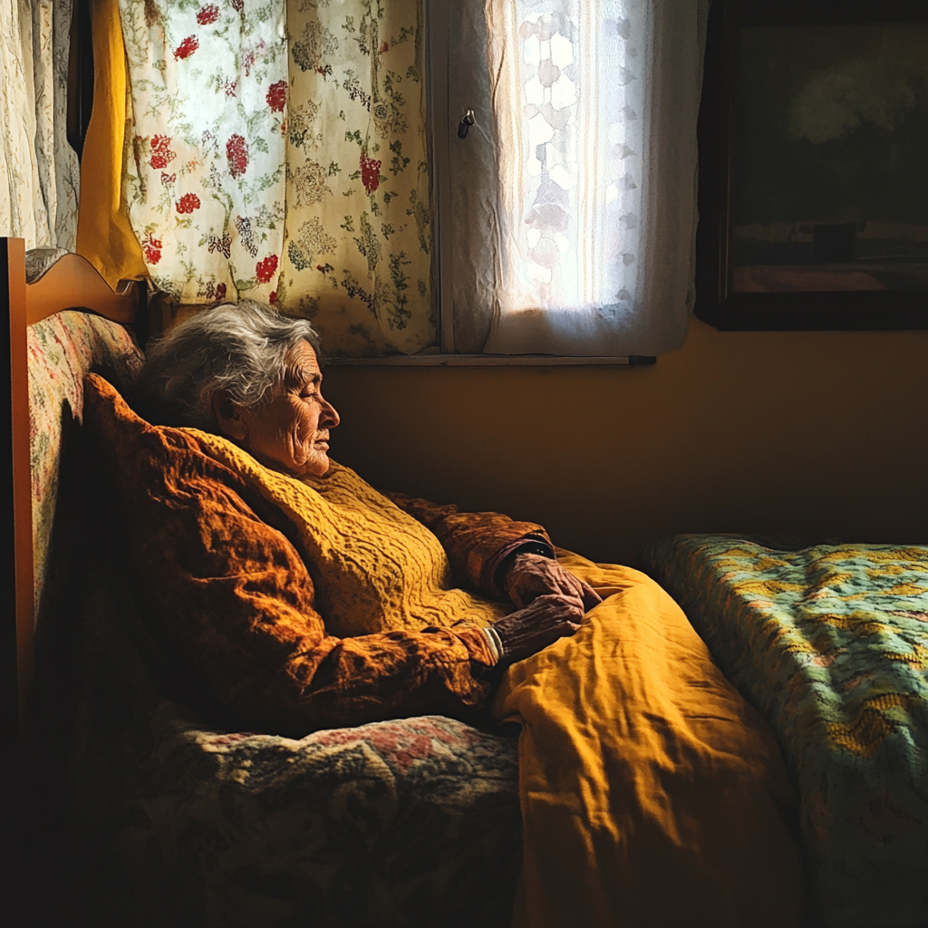 Senior woman resting on her bed | Source: Midjourney