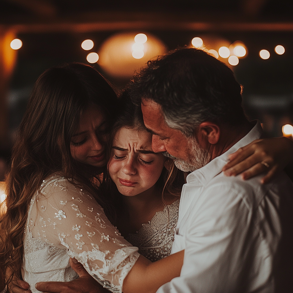 A girl hugging her father and sister | Source: Midjourney