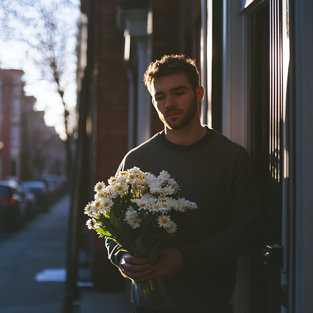 A man holding flowers outside an apartment door | Source: Midjourney