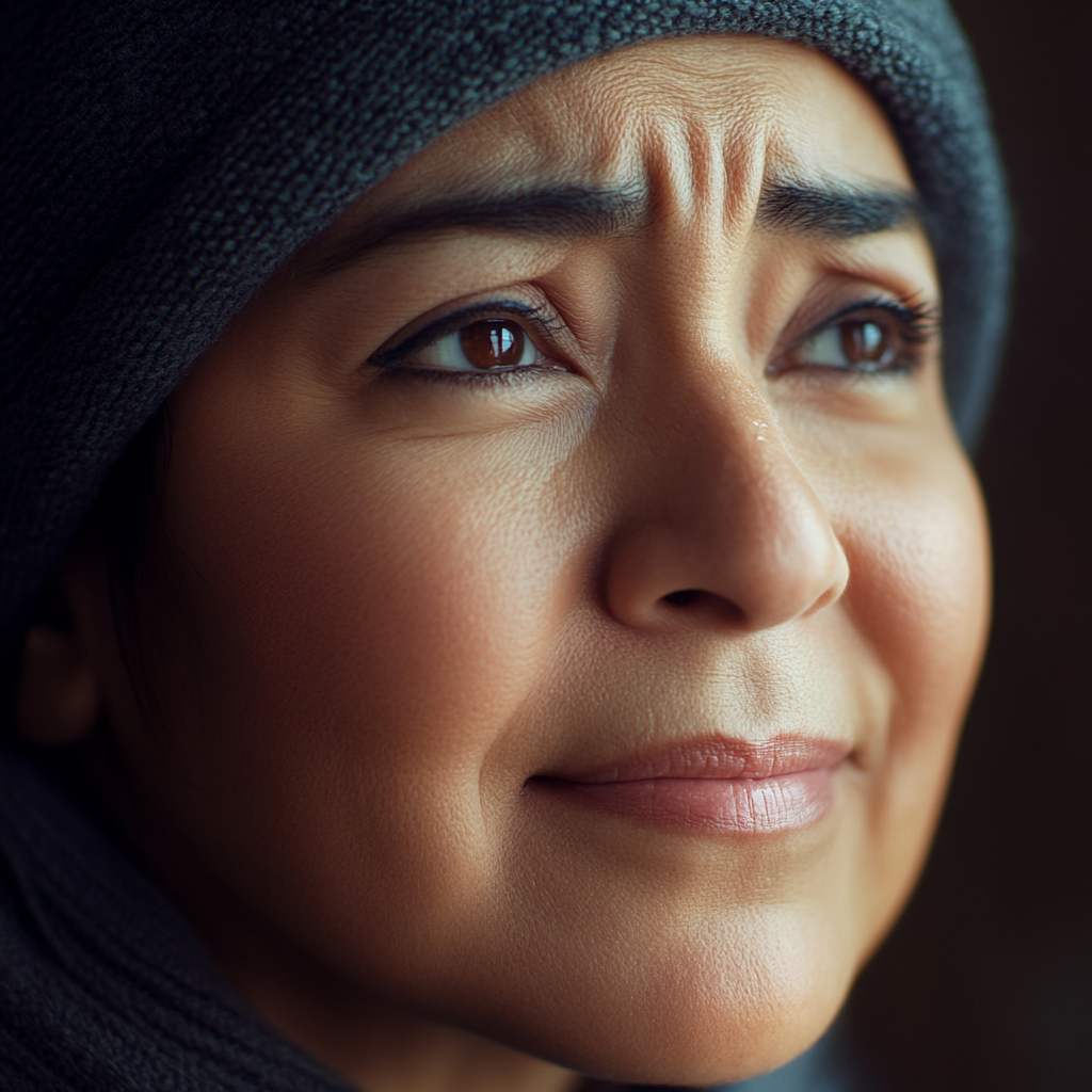 A smiling woman looking up | Source: Midjourney