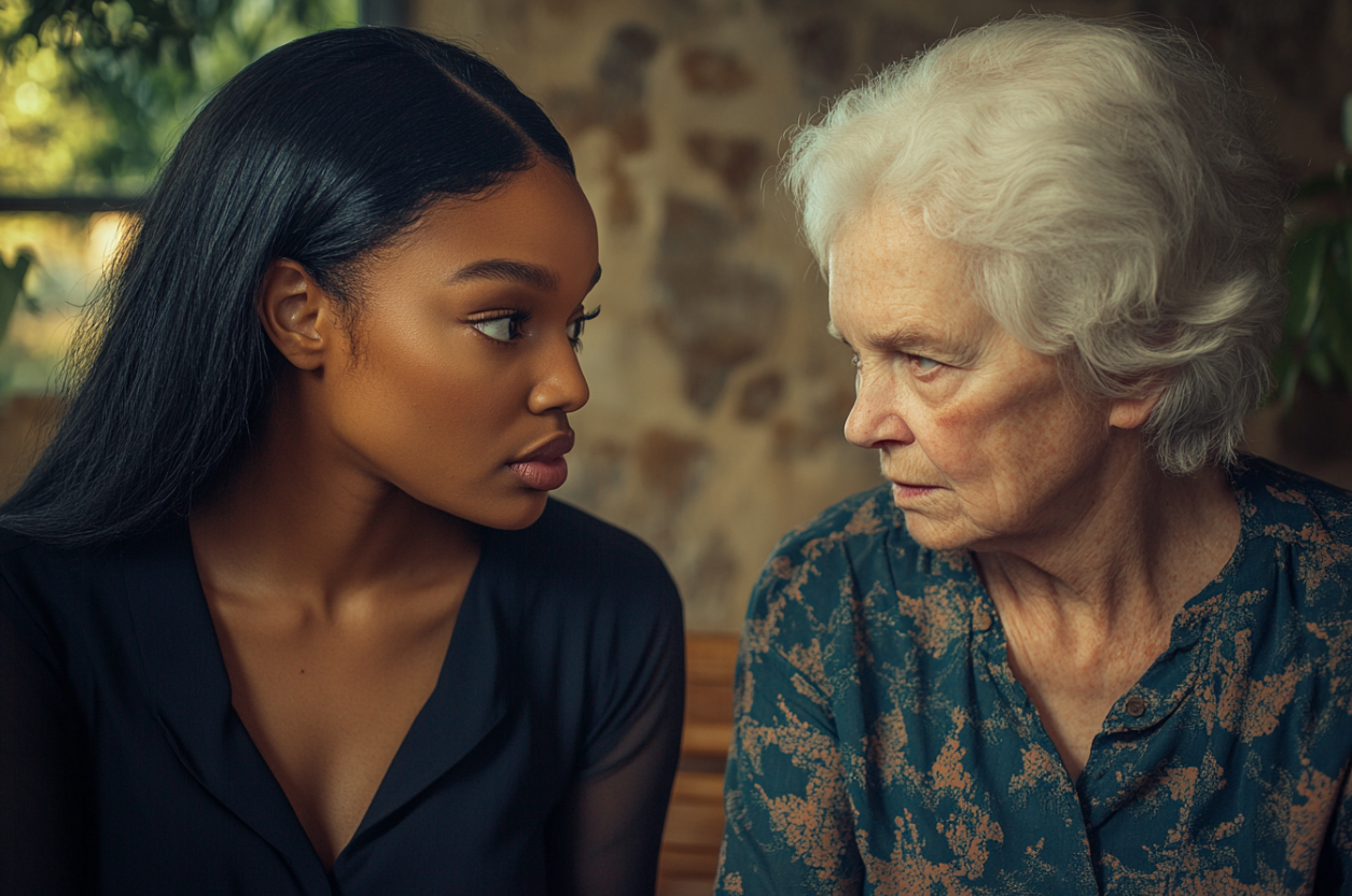 Two women exchanging an anxious look | Source: Midjourney