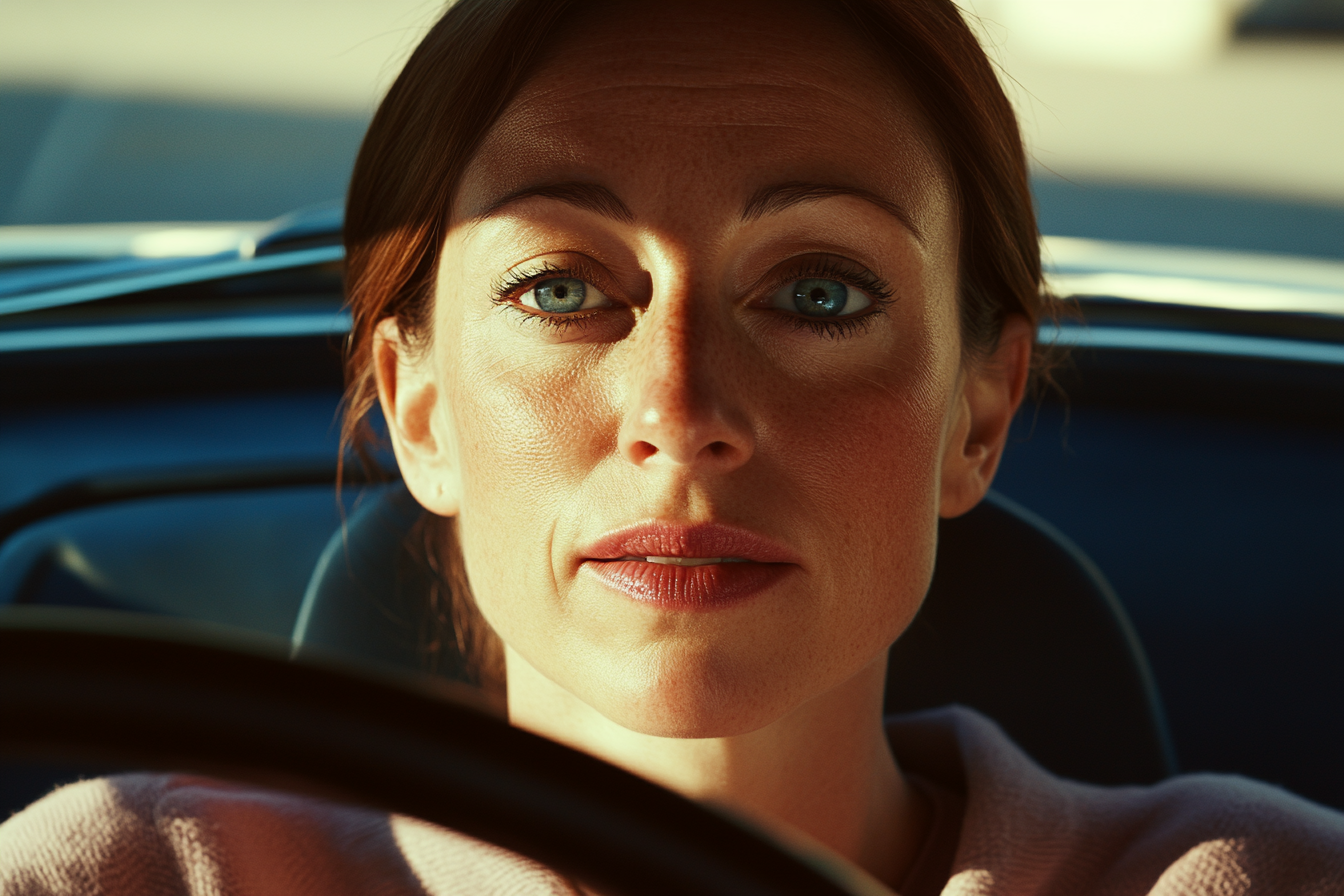 A woman in her car, looking straight ahead | Source: Midjourney