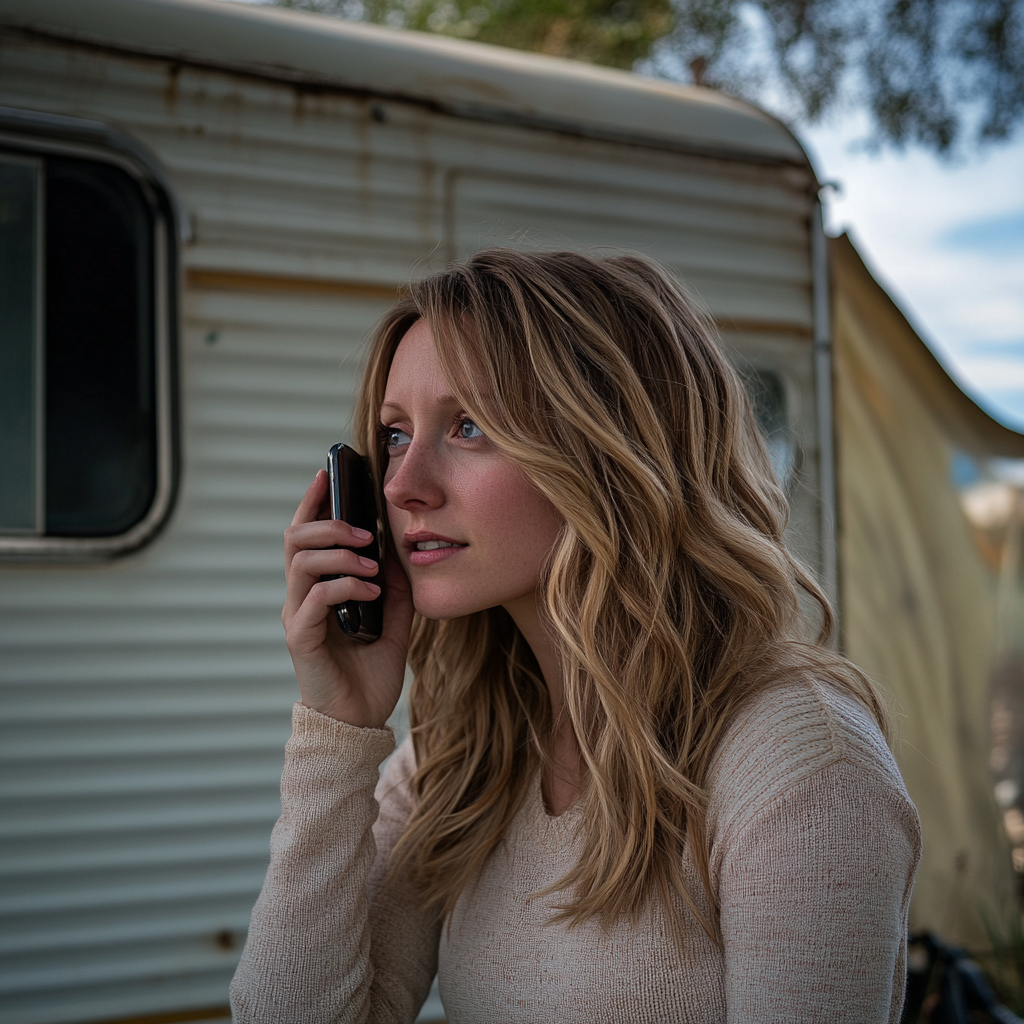 A woman talking on her phone while standing outside a trailer | Source: Midjourney