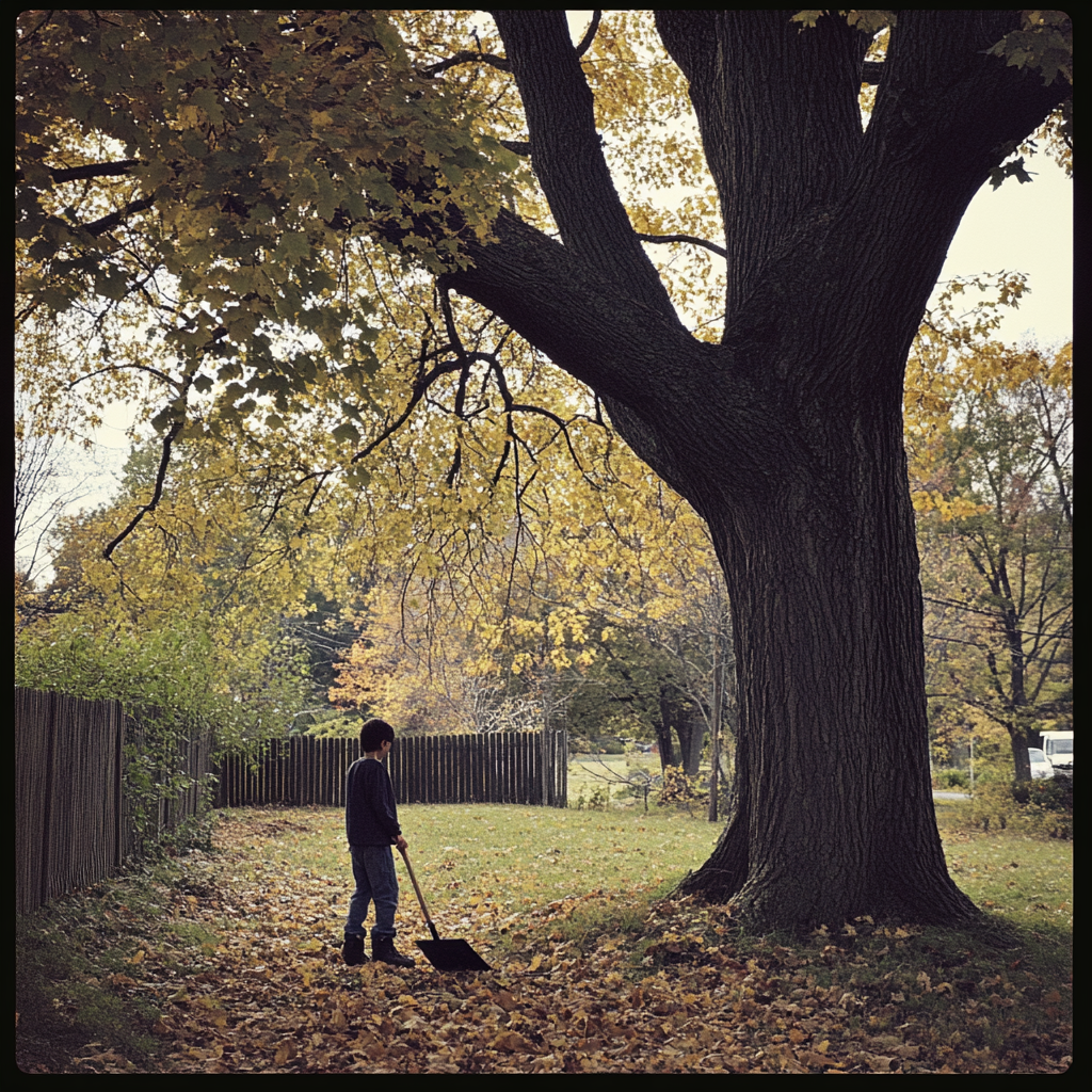 A teenage boy sweeping leaves near a big oak tree | Source: Midjourney