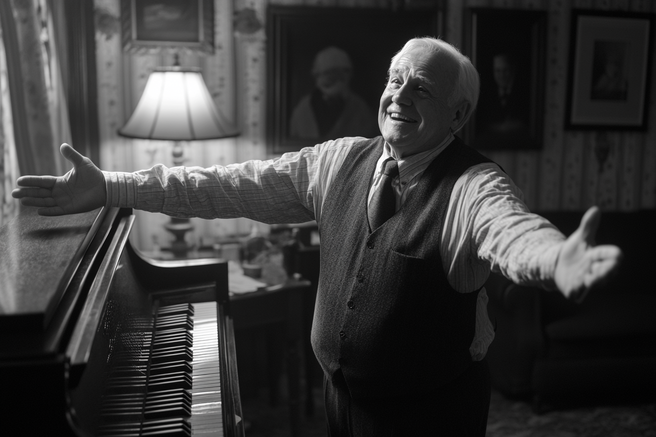 Grayscale of a smiling older man near a piano | Source: Midjourney