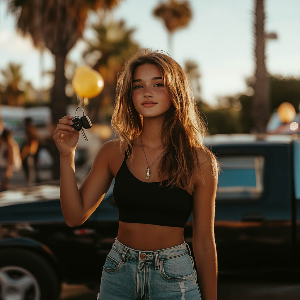 A happy girl holding her car keys | Source: Midjourney