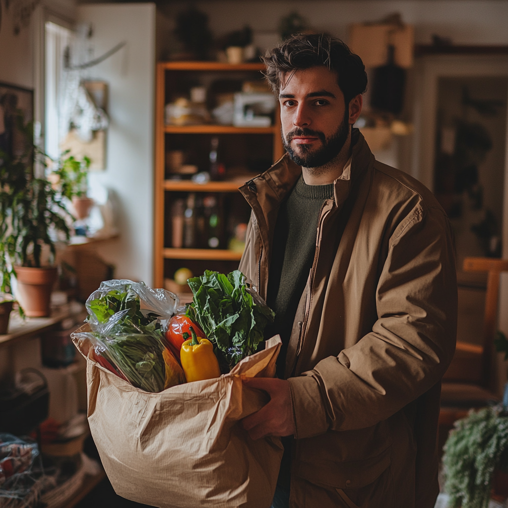 A man holding a bag of groceries | Source: Midjourney