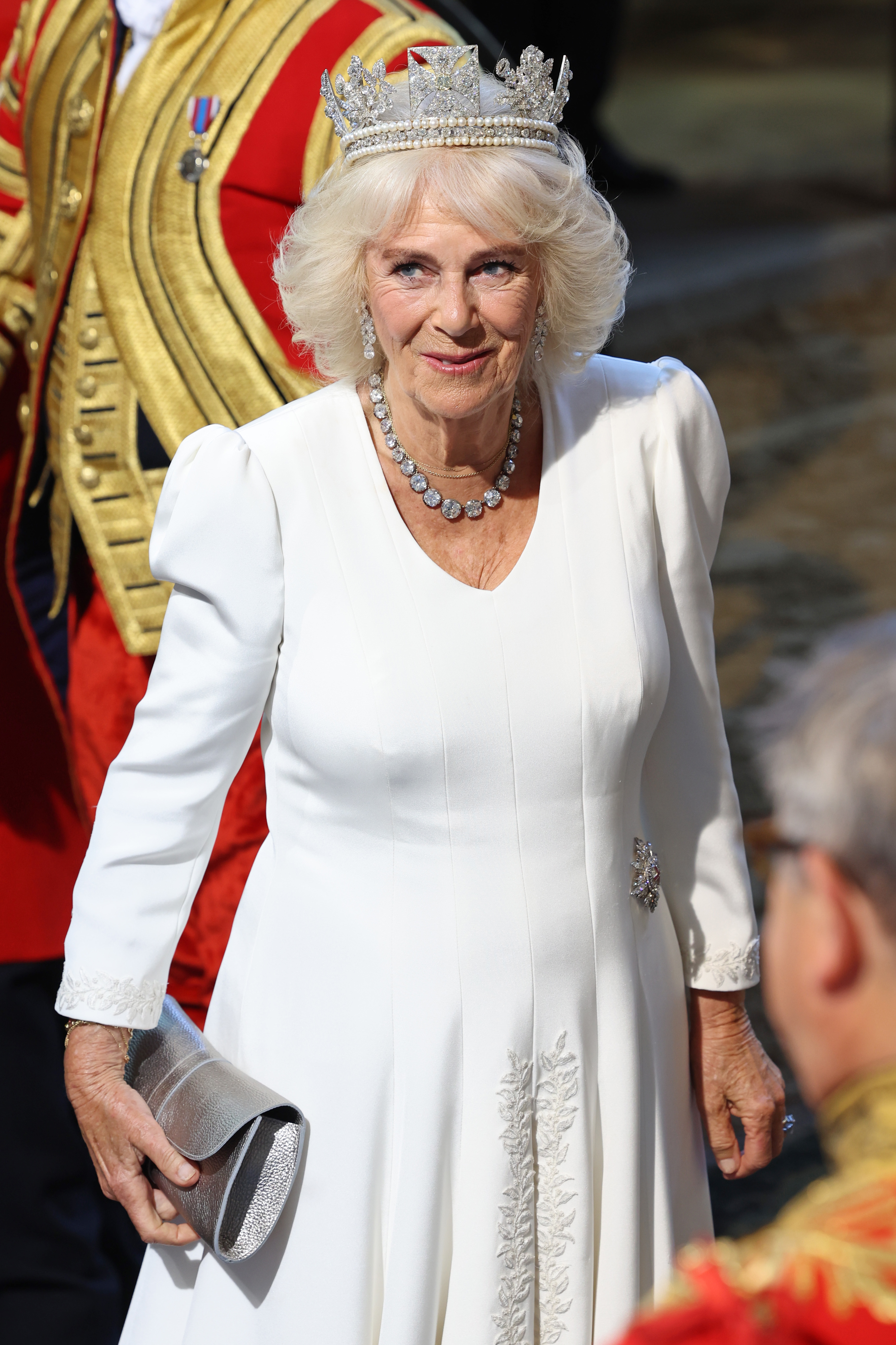 Queen Camilla wearing the Diamond Diadem arrives at the Houses of Parliament, Victoria Tower – Sovereign’s Entrance for the State Opening of Parliament in London, England, on July 17, 2024 | Source: Getty Images