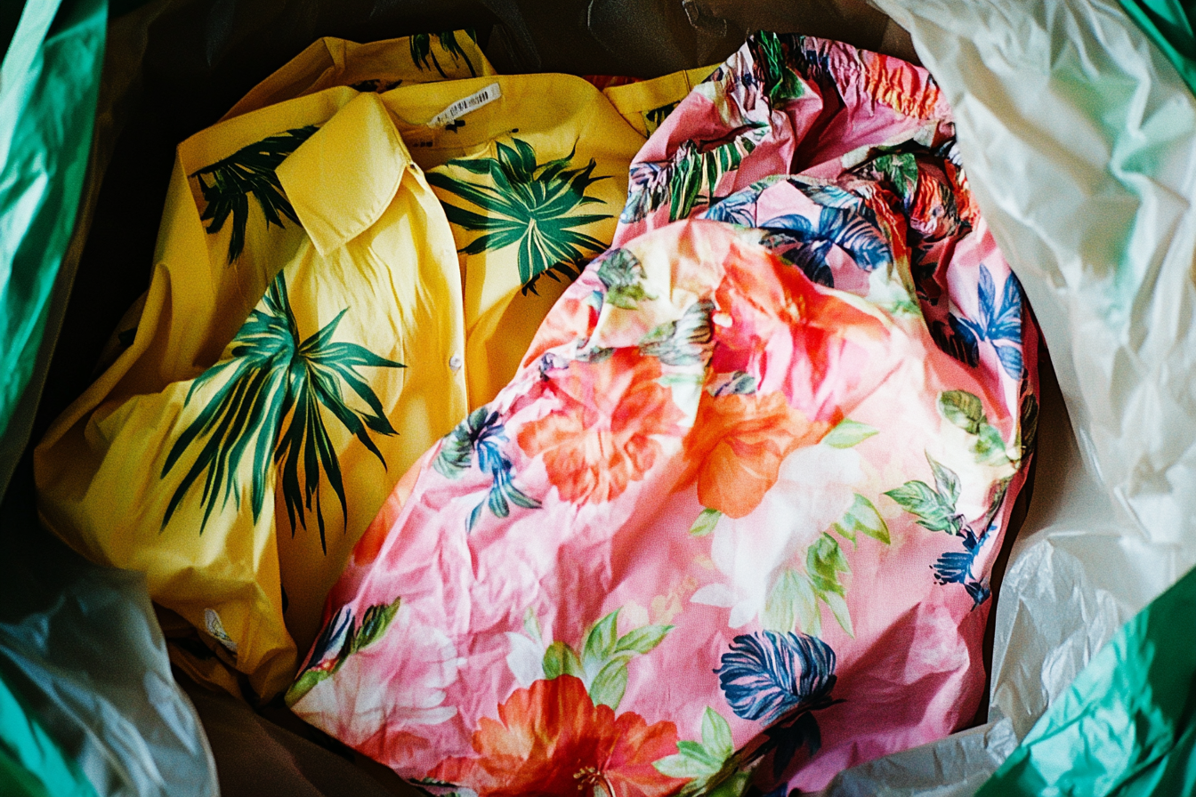 Hawaiian shirts in a trash bag | Source: Midjourney