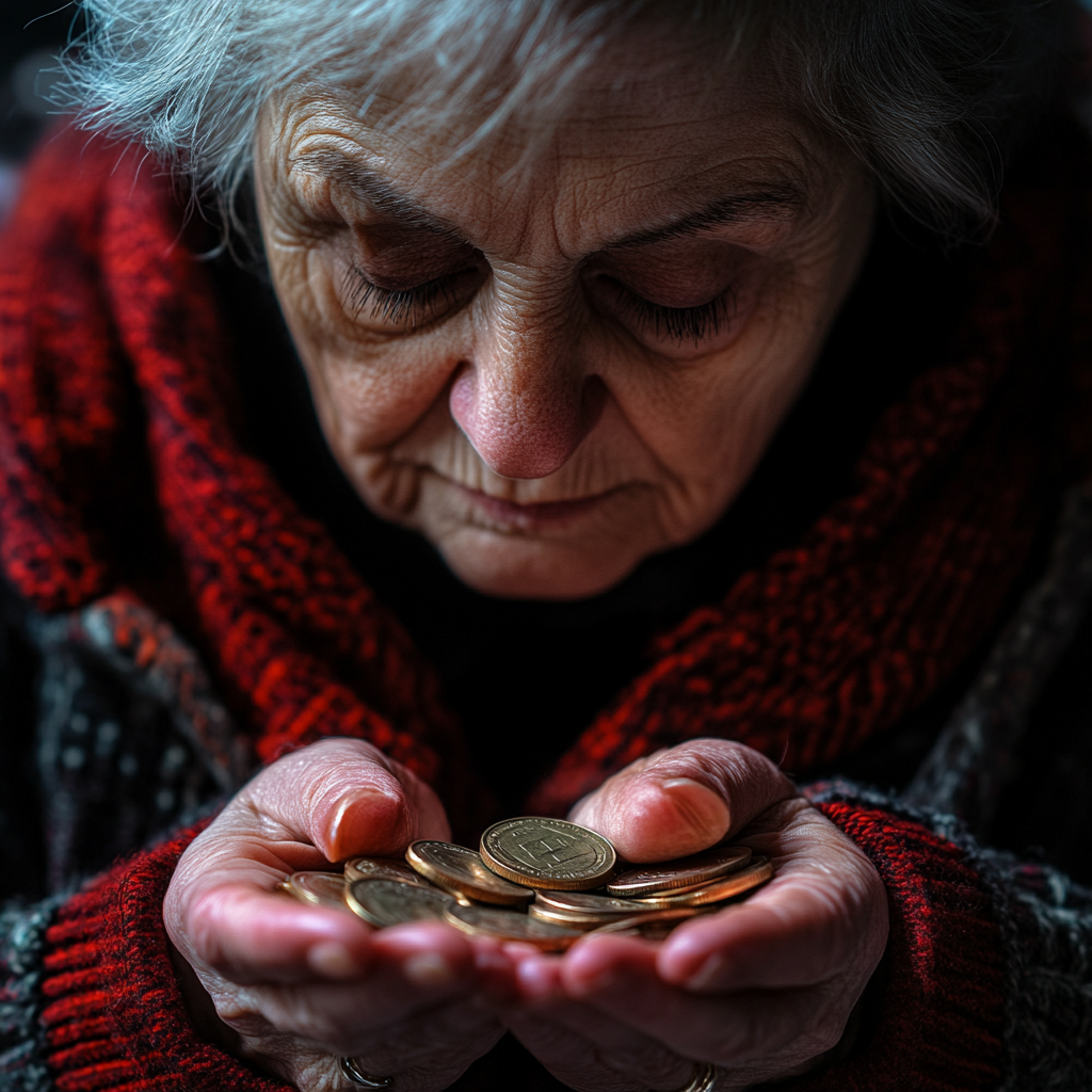 Senior woman holding coins in her hands | Source: Midjourney