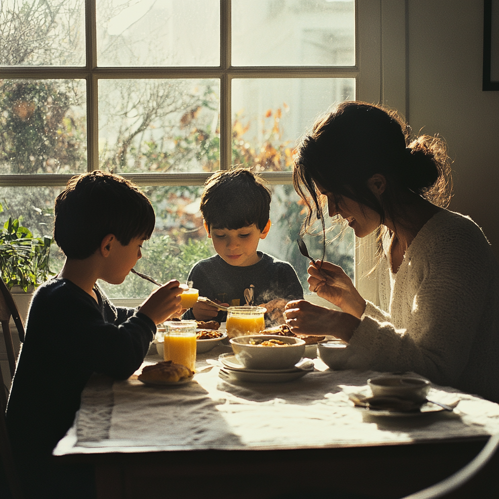 A woman having breakfast with her two sons | Source: Midjourney