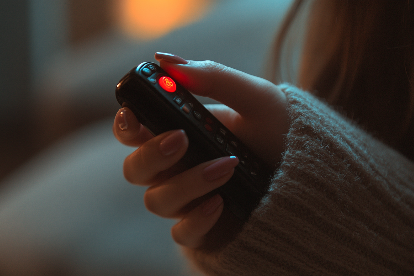 Close-up of a woman holding a remote control-like device | Source: Midjourney