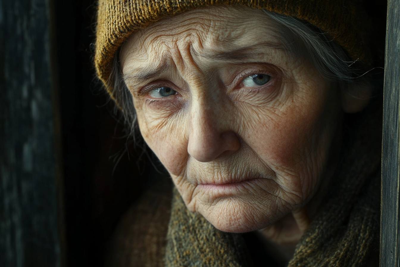 A sad older woman standing by the door | Source: Midjourney