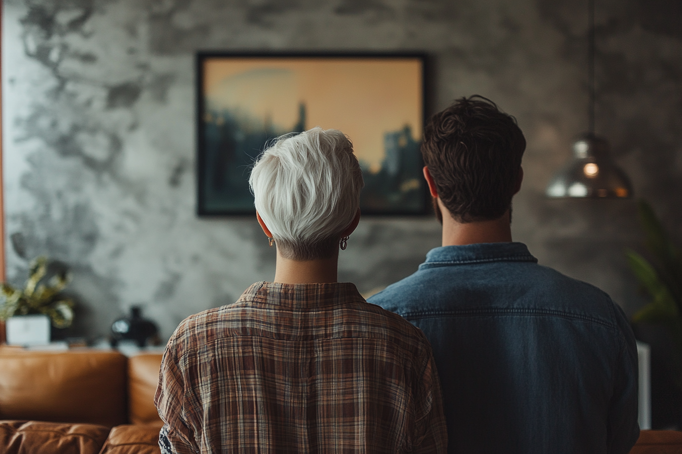 A couple standing together in their living room | Source: Midjourney