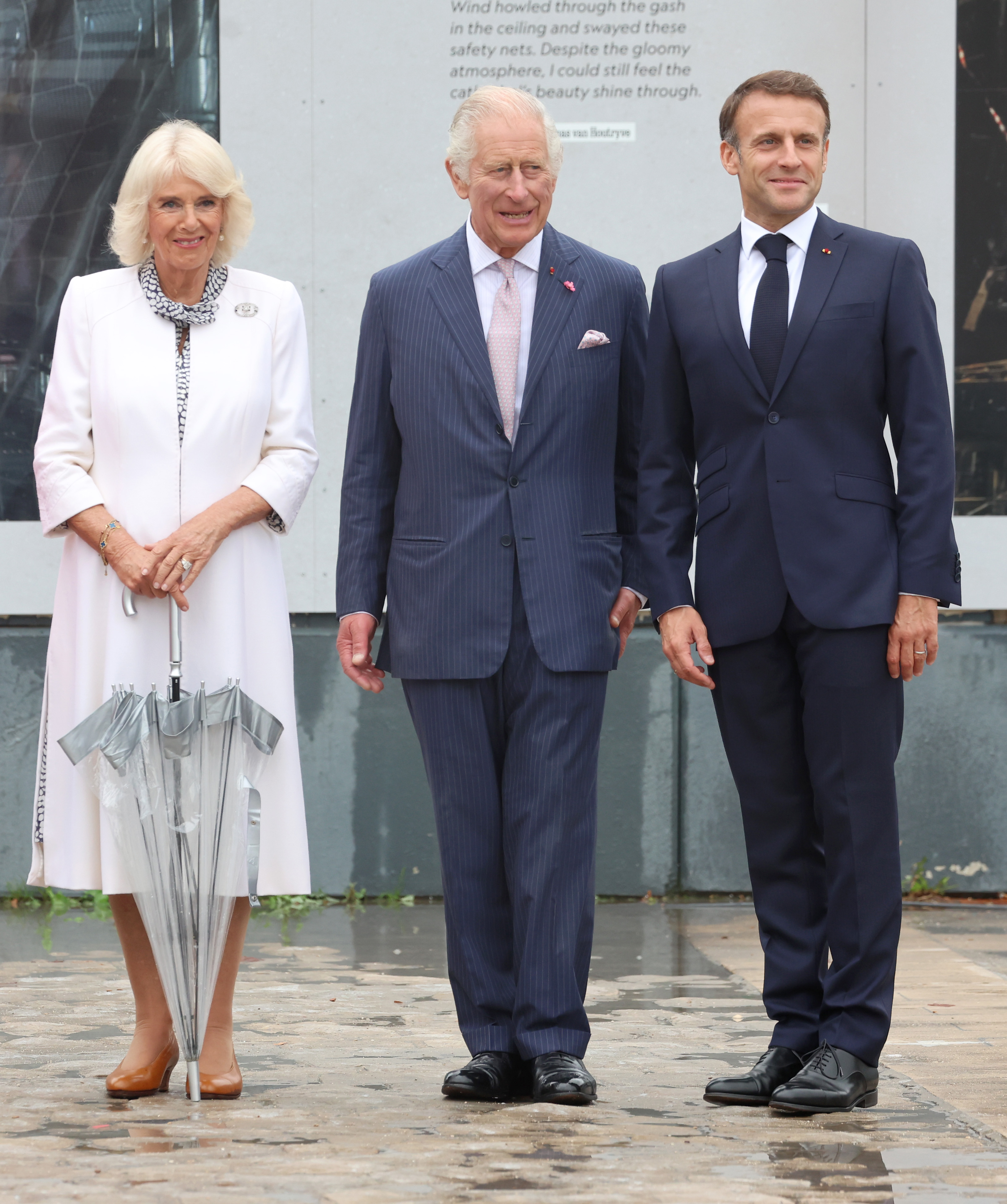 Queen Camilla, King Charles III, and Emmanuel Macron, President of France during a visit to Notre Dame Cathedral to see ongoing restoration work since the fire in April 2019, in Paris, France, on September 21, 2023 | Source: Getty Images