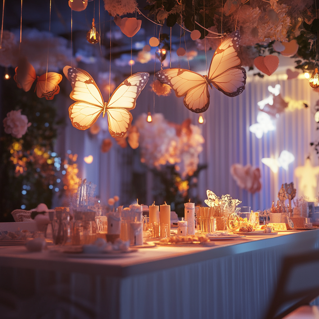 A butterfly-themed birthday party set-up | Source: Midjourney