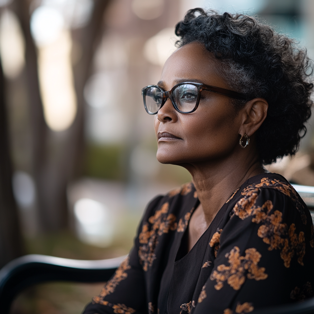 A thoughtful woman sitting on a bench | Source: Midjourney