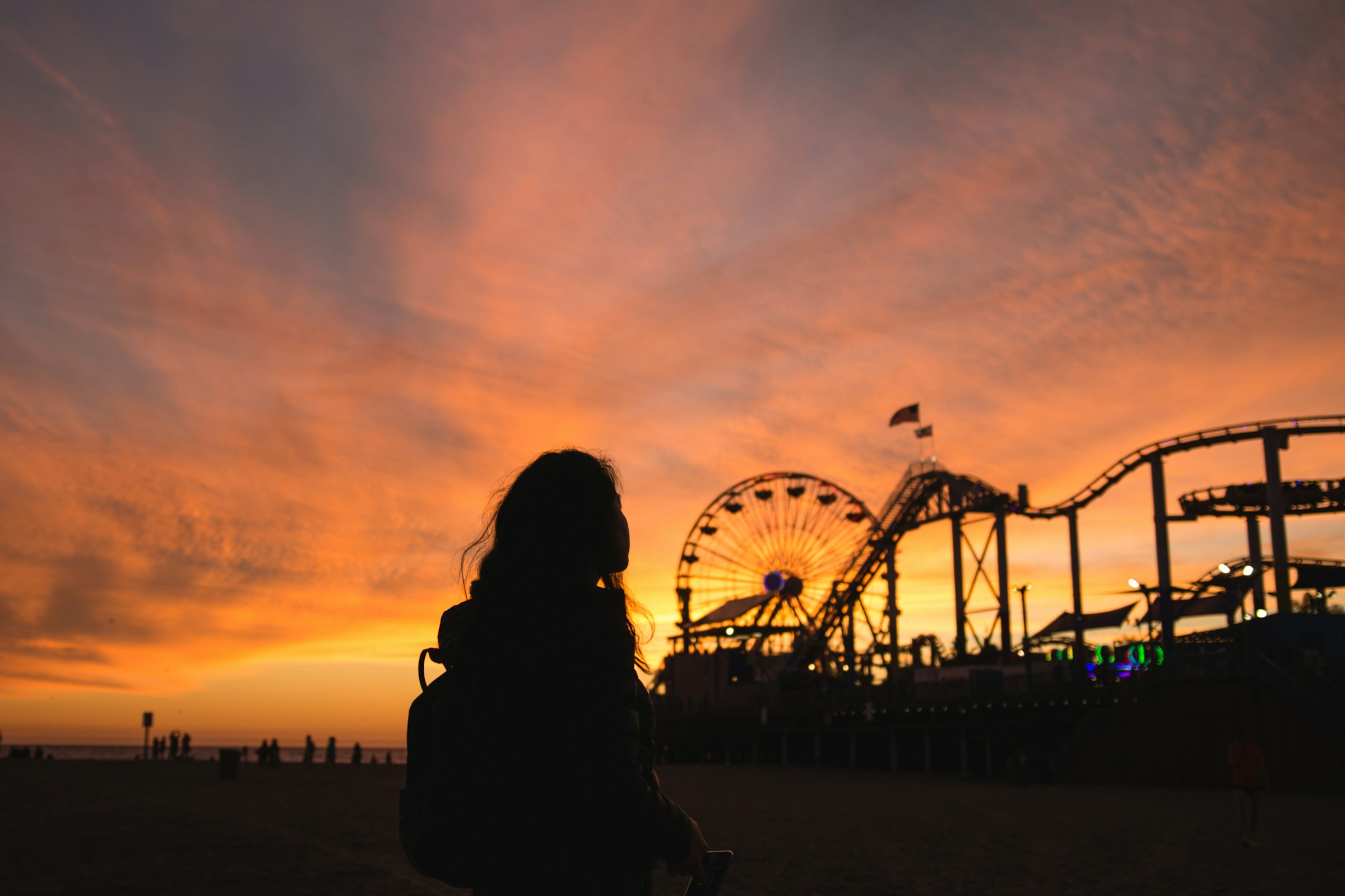 Silhouette of a woman watching a rollercoaster ride in an amusement park | Source: Unsplash